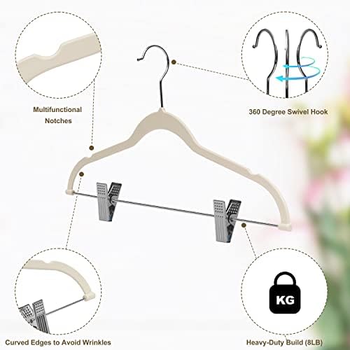 Quality Plastic 20-Pack Non Velvet Non-Flocked Thin Compact Coat Hangers with Metal Clips for Skirts Pants Blouses 360° Swivel Hook (Ivory, 20)