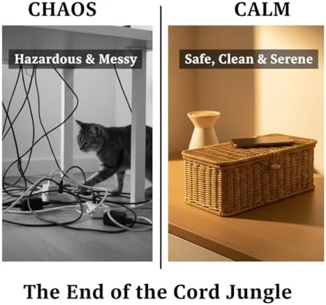 Handwoven Rattan Cable Management Box - Decorative Cord Organizer with Safety Lock, Large Boho Style Wire Hider for Desk