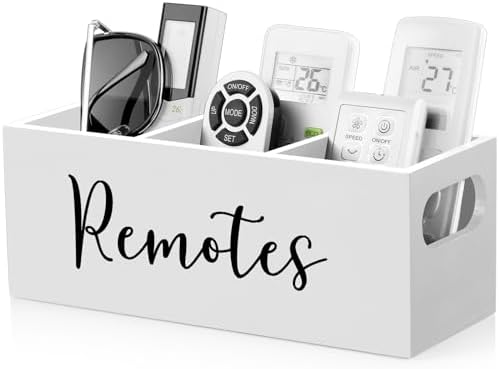 DRASTAR Remote Control Holder, Wood TV Remote Holder, Remote Storage Caddy, Remote Control Organizer (White, 3 Slots)