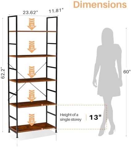 Book Shelf, 5-Tier Tall Bookcase, Bookshelf with Steel Frame, Modern Industrial Display Shelves, Corner Storage Organize