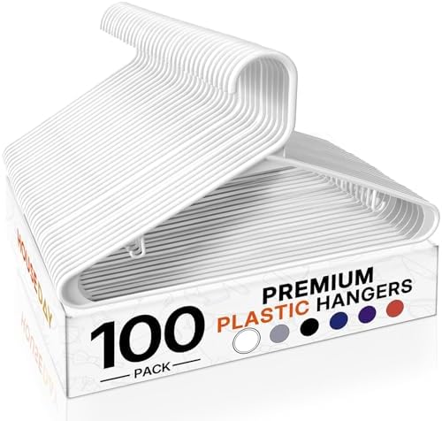 HOUSE DAY White Plastic Hangers 100 Pack, Slim Space-Saving Clothes Hangers