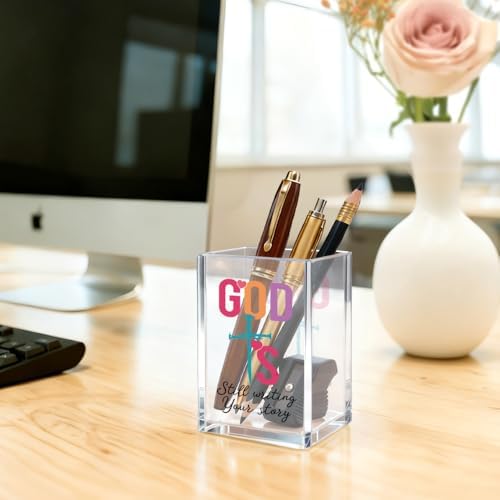 God Is Still Writing Your Story Acrylic Cosmetic Pencil Pen Holder Cup, Christian Christian Pencil Case for Daughter Niece Sister Friend, Faith Christian Pen Holder Cup for Teacher Colleague