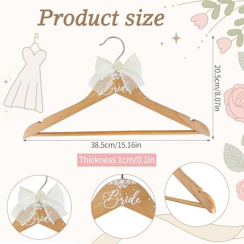 Bride Hanger for Wedding Dress, Wooden Wedding Hangers Bridal Hanger Personalized Hangers with Bow Tie & Pearl for Wedding Party Gifts Accessories
