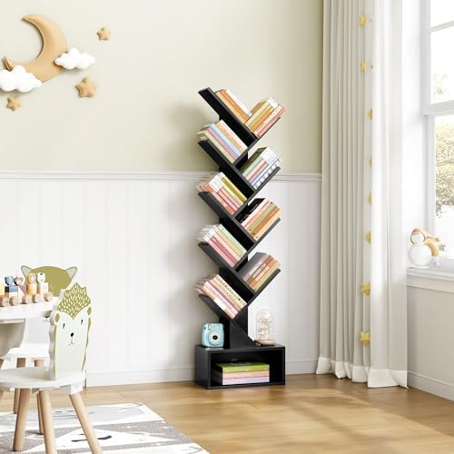 Hoctieon 9 Tier Tree Bookshelf, Tall Bookcase with Drawer, Wood Book Shelf, Modern Floor Standing Bookshelves, Book Orga