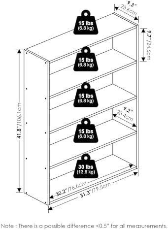 Furinno PASIR Book Shelf, 4-Tier Bookshelf with Open Storage Shelf, Standing Bookcase, 9.3 x 31.3 x 41.8, Easy Assembly,