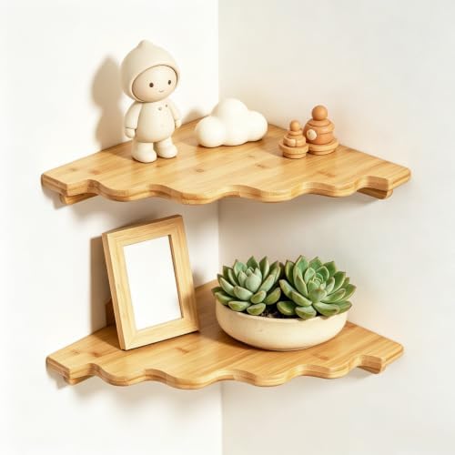 Fantasyon Corner Floating Shelf Wall Mount, Set of 2 Floating Corner Shelves, Bamboo Wood Corner Hanging Shelves with Co