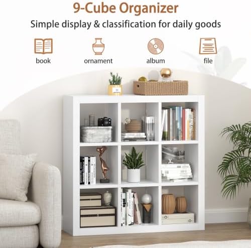 Bookshelf 9-Cube Storage Organizer Sturdy Wooden Bookcase Open Book Shelf, Multifunctional Cubicle Rack for Storages & D