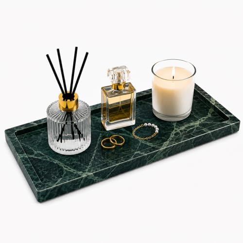Green Marble Tray for Bathroom Vanity, Narrow Decorative Tray for Perfume Jewelry Candles, Natural Stone Vanity Tray for