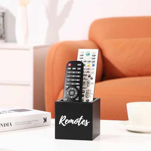 Remote Control Holder, Wooden Tv Remote Holder, Remote Holder for Table, Remote Control Storage Organizer Caddy (for 2 or 3 Remote Controls) 3.5 x3.5x3.5 - Black
