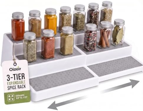 Oizeir 3-Tier Expandable Spice Rack Organizer for Cabinet, White/Grey