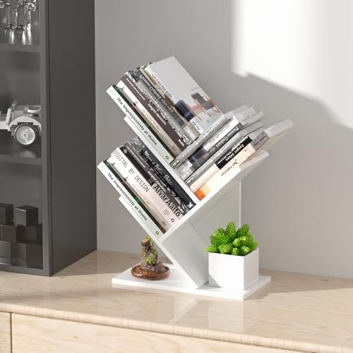 R RUISHENG 3 Tier Small Tree Bookshelf Storage Organizer Shelves Floor Standing Bookcase Desk Wood Storage Rack for Home