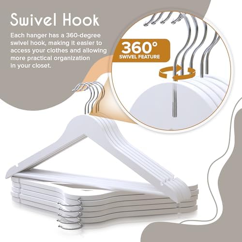 PORTENTUM Wooden Hangers, Pack of 20, White. 360º Swivel Hook, For All Types of Clothes, Trouser Hangers, Non-Slip Hange