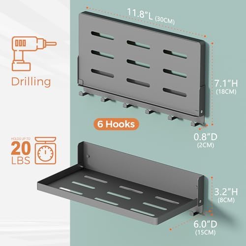 Small Folding Metal Shelf with Hooks, Fold-up Wall Shelf, 6 Hooks, Drop Down Floating Shelf for Laundry Room, Kitchen, R