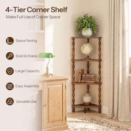 HOOBRO 4-Tier Corner Shelf, Wooden Corner Bookshelf for Small Space, Stylish Corner Storage Display Shelves for Living R