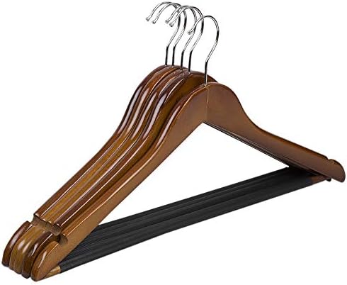 Home Basics 5 Pack Wooden Non-Slip Suit Hangers with Pants Bar – Smooth Finish Solid Wood Coat Hanger 360° Swivel Hook a