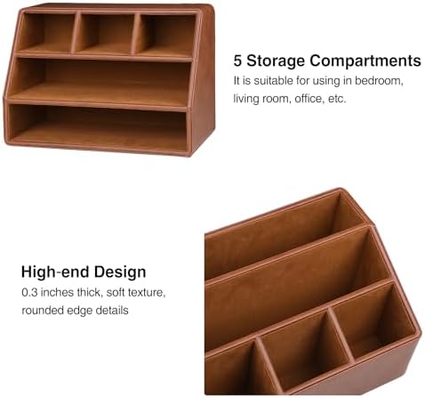 PU Leather Desk Organizer, Remote Control Holder, Brown