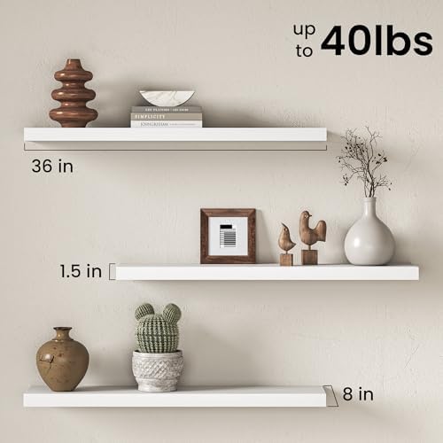 36" Floating Shelves for Wall, Set of 3, 8" Deep, 1.5" Thick, White