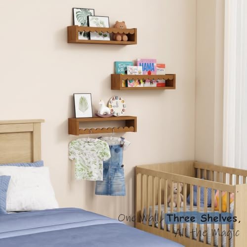 Scalloped Floating Shelves for Nursery, Walnut Scallop Kids Wall Book Shelf