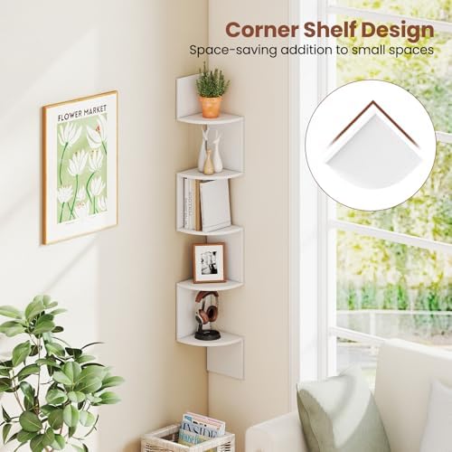 GIANTEX Corner Shelf Wall Mounted Set of 2, 5-Tier Floating Corner Bookshelf, Home Storage Organizer, Wooden Display Sta