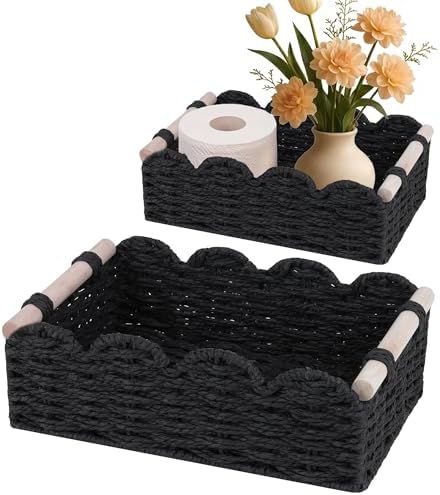 iEGrow Paper Rope Small Storage Baskets for Organizing, Set of 2 Scalloped Edge Wicker Basket with Wooden Handles Toilet Paper Basket for Over Toilet Storage Shelf, Home Decor, Living Room (Black)