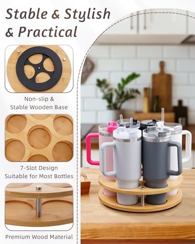 2Pack Rotating Wood Tumbler Organizer, 30 oz 40 oz Spinning Turnable Tumblers Holder, 360° Rotatable 7 Large Cups Bottle