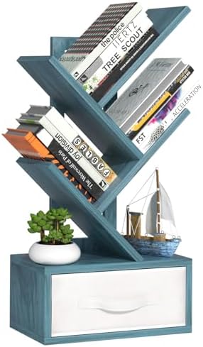SHEEPAM 4-Tier Tree Bookshelf Small Bookcase with Drawer