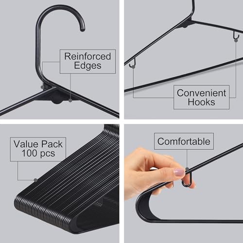 SUPER DEAL Plastic Hangers 100 Pack, Clothes Hangers with Double Hooks for Coat Shirts Pants Dresses, Heavy Duty Durable Closet Space Saving, Black