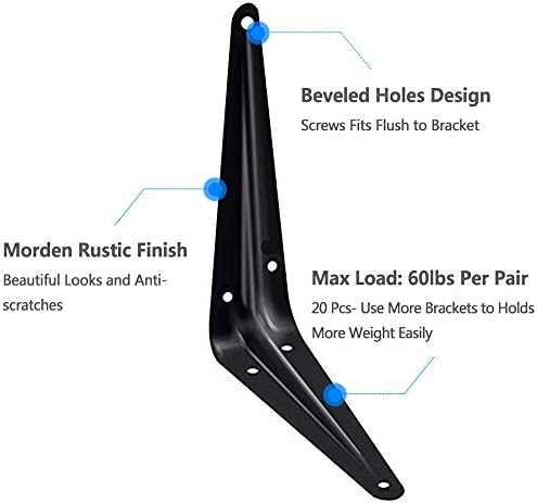 20 Pack Shelf Brackets 6 x 5 Inch, Heavy Duty Black Metal Floating Shelf Bracket, Rustic Farmhouse Decorative Iron L Bra