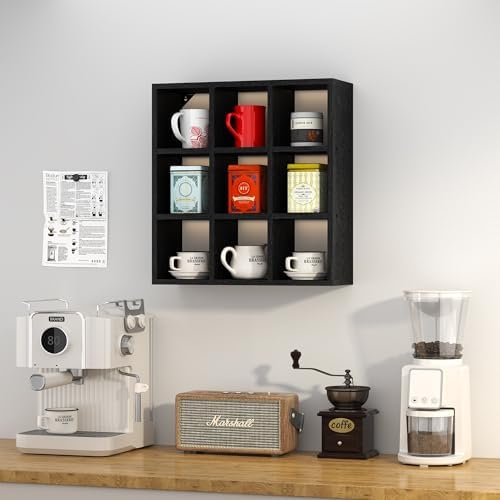 Helsin 9 Grid Vintage Coffee Mug Display Rack, 16inch Wall Mounted Wooden Curio Shadow Box Shelf, Cup Floating Shelves D