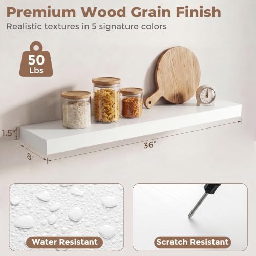 8 inch Deep Floating Shelves for Wall, 36" Wide, White Finish, 2-Pack
