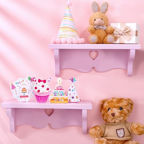 2 PCS Pink Heart Floating Shelves Kawaii Decorative Wooden Shelf Wall Mounted Storage Rack Book Stand for Princess Room 