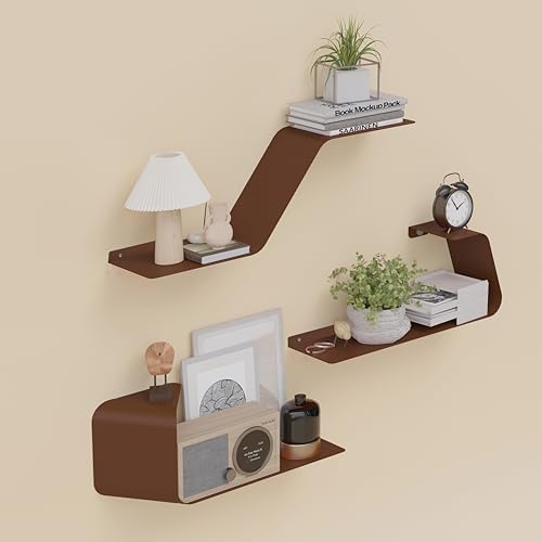 Sttoraboks Floating Wall Shelves Set of 3, Metal Mounted Shelf with Unique Design, Bookshelf for Storage & Display in Ba