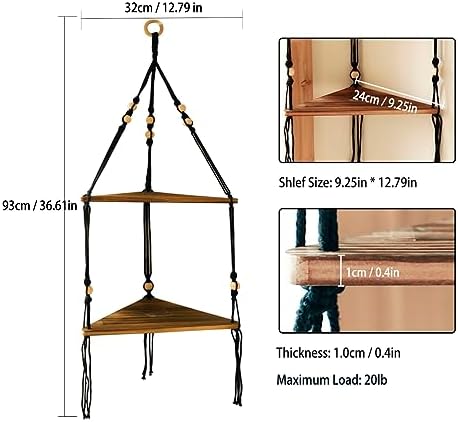 Artilady Corner Shelf Macrame Wall Hanging Balck, Boho Wood Storage Decor
