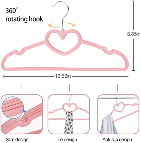 Velvet Hangers Pack of 20, Non Slip Standard Clothing Adult Heart-Shaped Clothes Hanger, Notches 360 Degree Swivel Hook Felt Hangers, for Heavy Coats, Jackets, Office Suits,Undergarments,Pink
