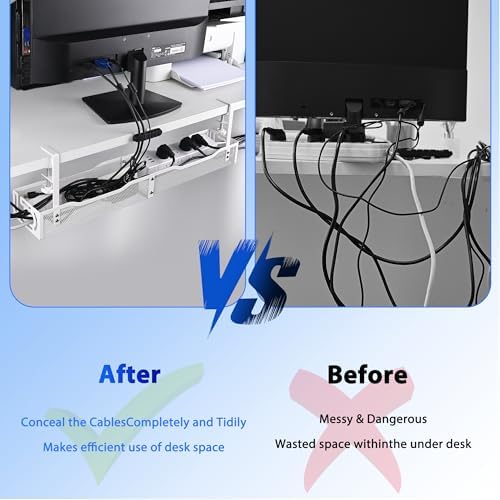 Under Desk Cable Management Box 25.3 Inch – Clamp-Mounted Cable Organizer Tray, Large Cord Management Box for Office & H