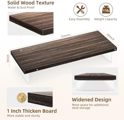 Monitor Stand Riser, 25x10 in Wood & Acrylic Computer Desk Organizer Shelf