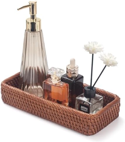 Rattan Bathroom Vanity Trays Toilet Tank Baskets Long Narrow Hand Towel Storage Basket for Storage, Decorative (Honey Br