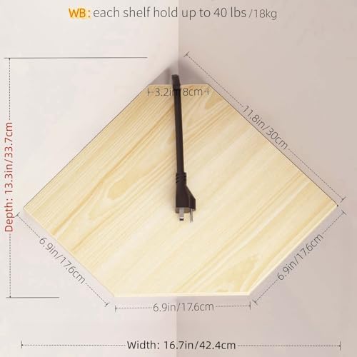 JJL Corner Shelves, 12 Inch Corner Shelf Wall Mounted with Wire Hole, 2 Tier 13.3 Inch Deep Wooden Corner Hanging Shelvi