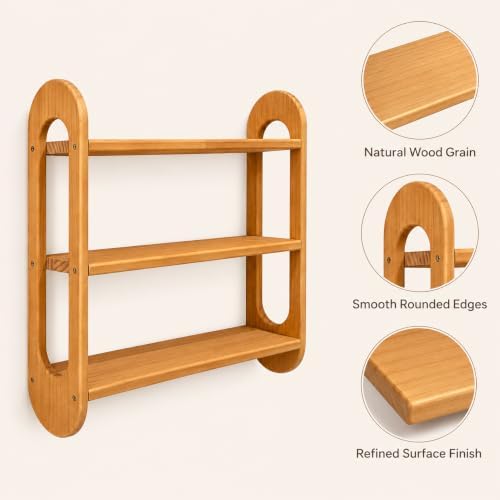 3 Tier Wall Shelf, Solid North American White Oak Floating Wall Shelf