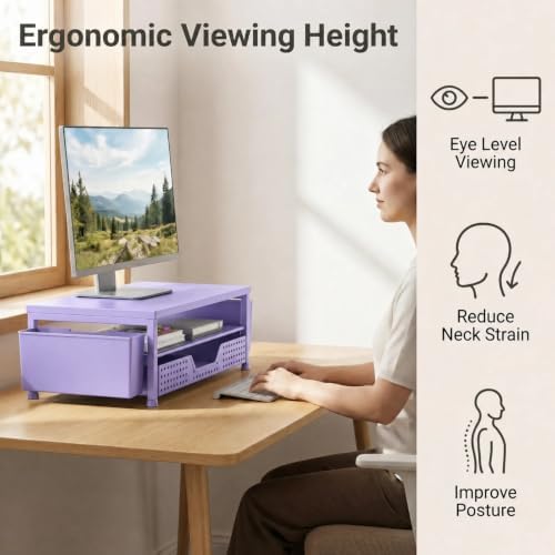 ECOLOVI Desk Organizer and Accessories, 2-Tier Computer Monitor Stand Rise with Storage Drawer & 2 Pen Holders, Laptop &