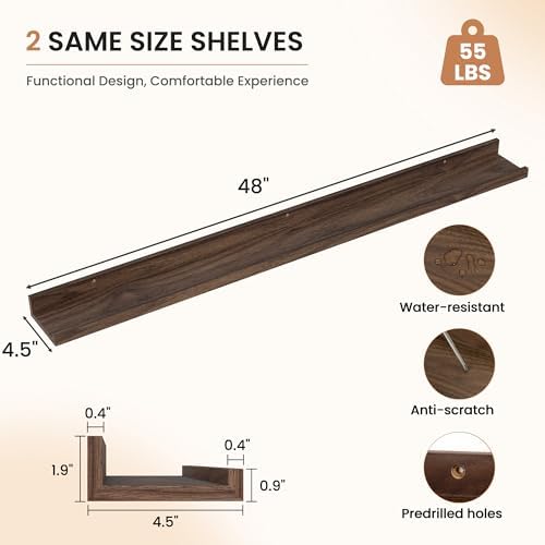 Dreamland Picture Ledge Shelf for Wall, Floating Shelves Set of 2, 48 Inch Long Floating Shelves with Lip for Living Room, Bedroom, Bathroom, Kitchen, Walnut