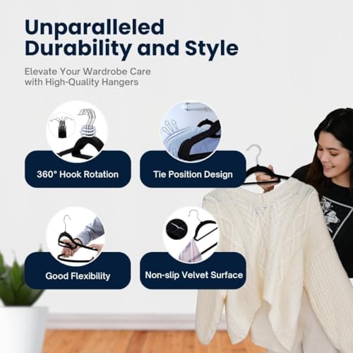 20 Pack Velvet Hangers | Non Slip Velvet Hangers for Clothes with Tie Organisers | Space Saving Hangers and 360° Swivel Hooks | Clothes Hangers Wardrobe Storage Organiser