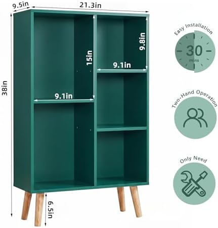 YAHARBO Small Dark Green Bookshelf,3 Tier Modern Kids Bookcase with Legs,5 Cube Wooden Bookshelves Storage Shelf,Book Sh