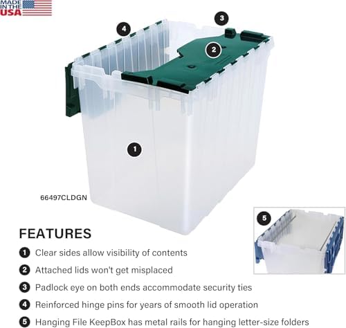 Akro-Mils KeepBox 18 Gal Storage Box, Lid Attached, Stackable, Clear/Green