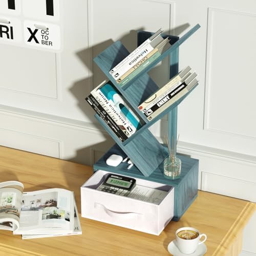 SHEEPAM 4-Tier Tree Bookshelf Small Bookcase with Drawer