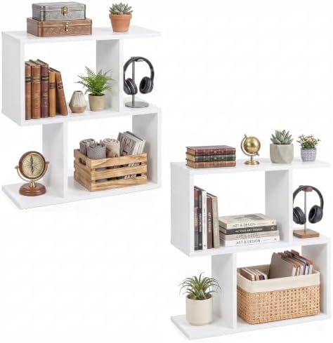 Tangkula 2 Tier Geometric Bookshelf, Freestanding Wood Display Shelf, Home Office Room Divider S Shaped Open Bookcase, S
