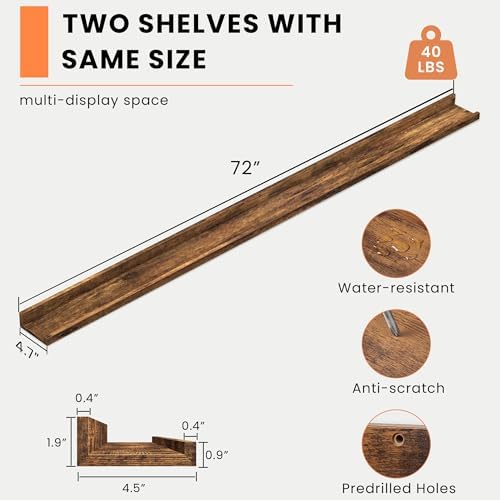 Heimlove Picture Ledge Shelf, Floating Shelves Set of 2, 70.87Inches Picture Shelf for Wall with Ledge, Kids Bookshelf Wall Mounted for Living Room Bedroom Decor Books Photo Frames - Rustic Brown