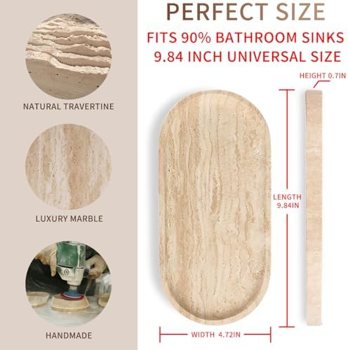 Travertine Vanity Tray for Bathroom Counter, 10"x5" Natural Marble Tray, Hand Polished, Perfume Organizer with Non-Slip 