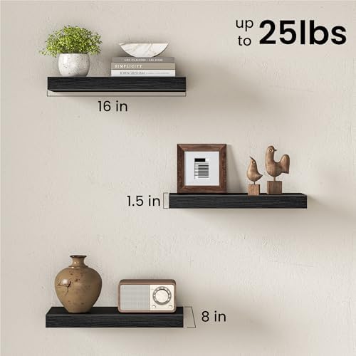 16" Floating Shelves for Wall, Set of 3, 8" Deep, 1.5" Thick, Black