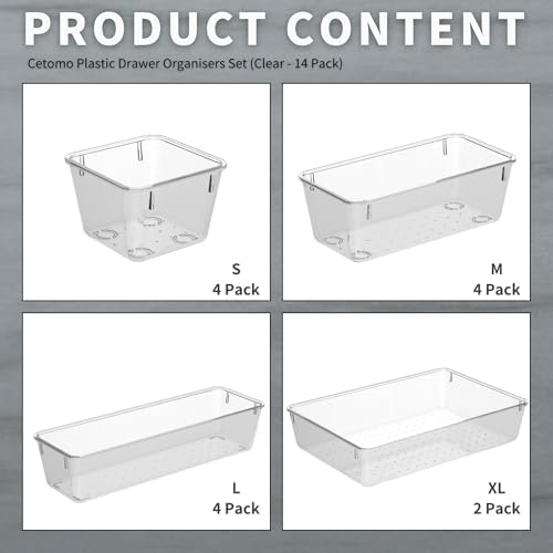 Cetomo 14 Pcs Drawer Organiser Set, Plastic Storage Organizer, Drawer Dividers, Adjustable and Expandable, Container Tray for Kitchen Utensils, Cosmetic, Makeup, Gadgets, Clear, 4 Size-14 Pack